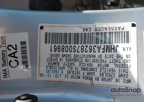 2007 Honda Civic Hybrid z USA, uszkodzony, nr VIN JHMFA36287S008961